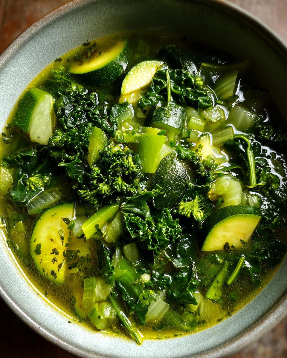 Close-up of a bowl of Detox Green Vegetable Soup, with zucchini, kale, and other green vegetables.