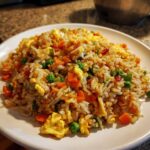 A plate of Easy Veggie Fried Rice with Egg, with carrots, peas, and scrambled egg.