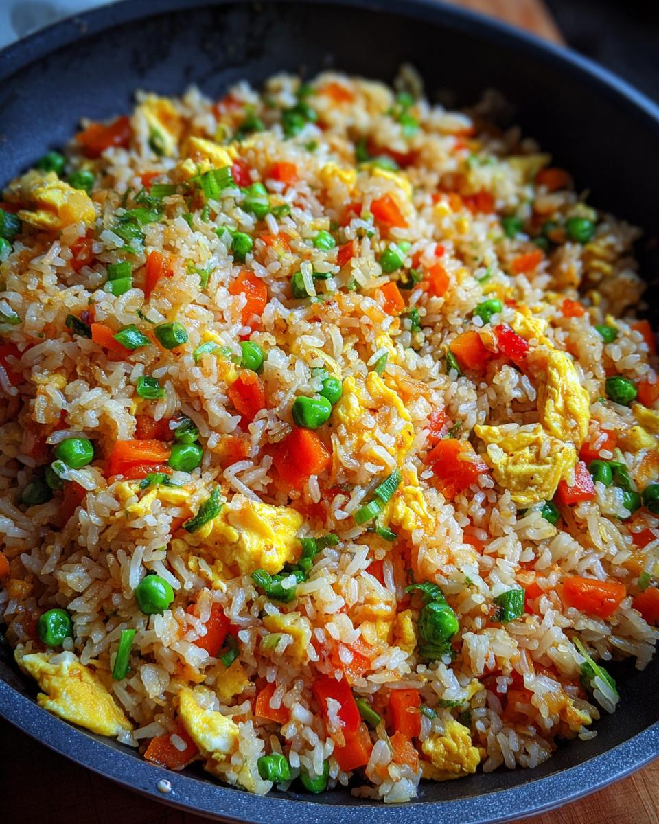 Close-up of Easy Veggie Fried Rice with Egg in a pan, with carrots, peas, and egg.