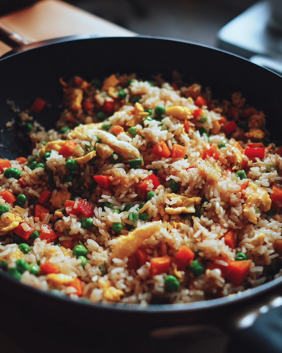 Close-up of Easy Veggie Fried Rice with Egg in a pan, with vegetables and egg.