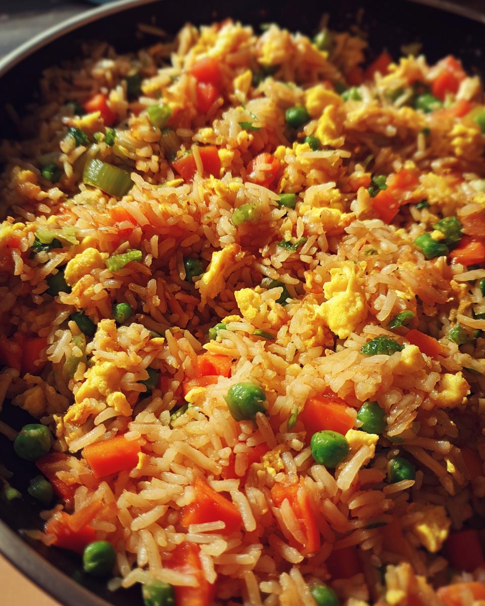 Close-up shot of Easy Veggie Fried Rice with Egg, featuring rice, vegetables, and scrambled egg.