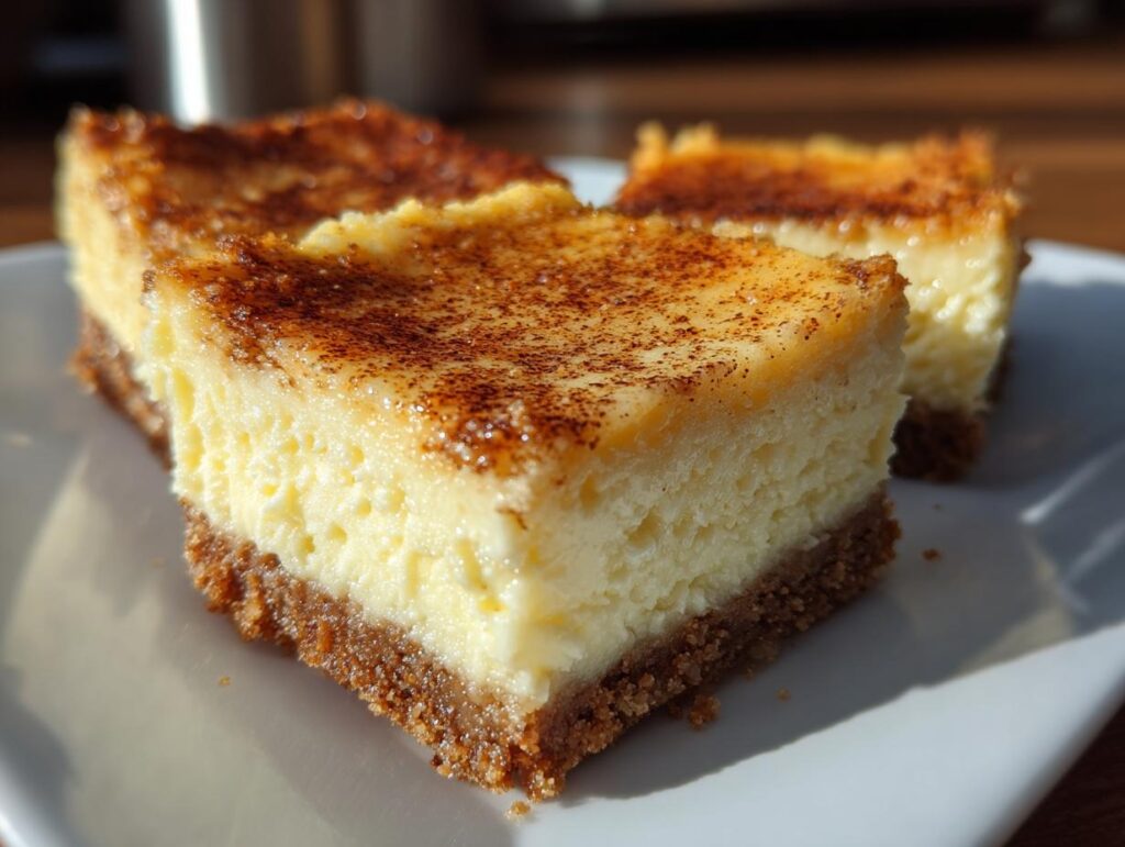 Close-up of creamy Eggnog Cheesecake Bars with a spiced crust and dusted with cinnamon.