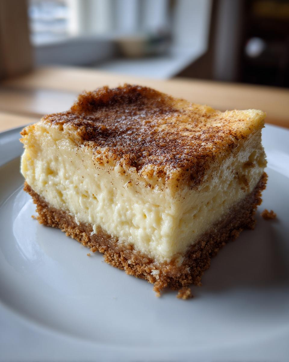 A close-up of a slice of Eggnog Cheesecake Bars on a white plate, showing the creamy filling and graham cracker crust.