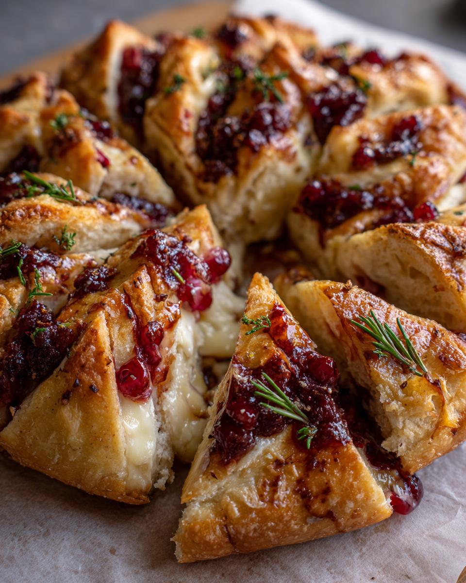 Close-up of Festive Cranberry Brie Pull-Apart Bread, showing gooey melted brie cheese and cranberry topping on golden-brown bread.