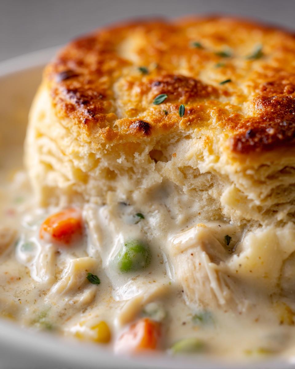 Close-up of a Flaky Biscuit Chicken Pot Pie with a golden, flaky biscuit topping.