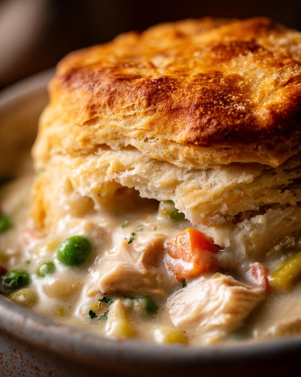 Close-up of a Flaky Biscuit Chicken Pot Pie with a golden, flaky biscuit topping a creamy chicken and vegetable filling.