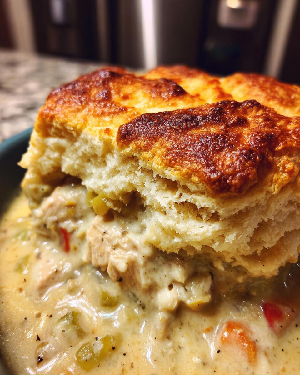 Close-up of a Flaky Biscuit Chicken Pot Pie, showing the flaky biscuit topping and creamy chicken filling.
