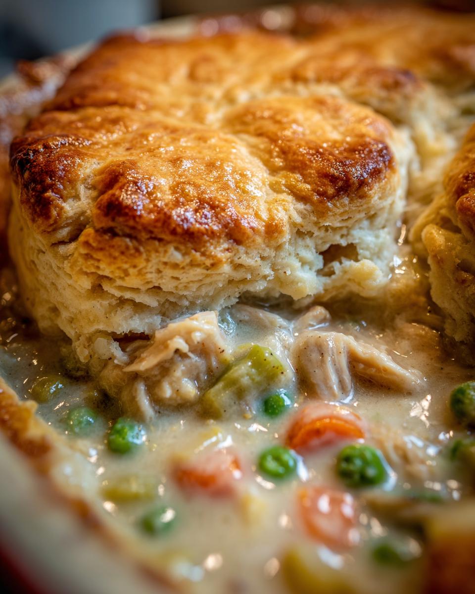 Close-up of a Flaky Biscuit Chicken Pot Pie, showing the golden biscuit topping and filling.