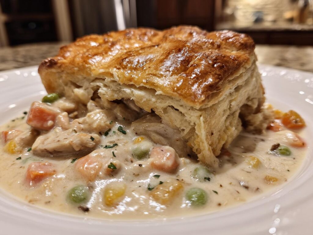Close-up of a slice of Flaky Biscuit Chicken Pot Pie on a white plate, showing the biscuit topping and creamy filling.