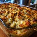 Close-up of a baked Four-Cheese Spinach Artichoke Dip Casserole in a glass dish, golden brown.