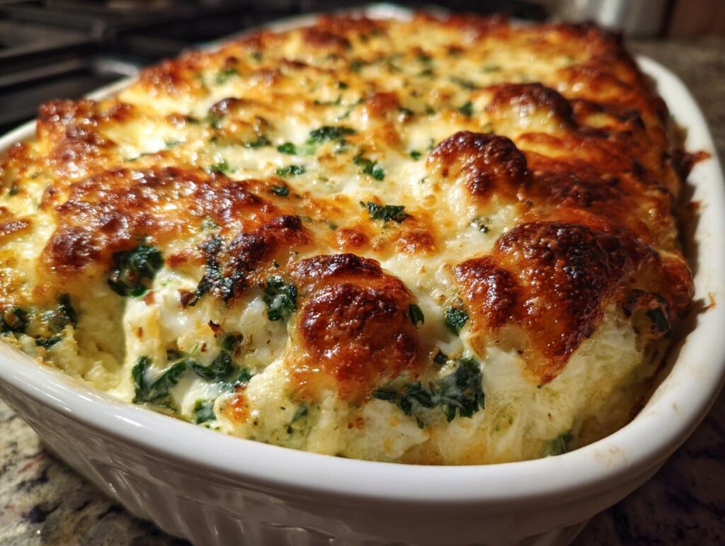Close-up of a baked Four-Cheese Spinach Artichoke Dip Casserole in a white baking dish.