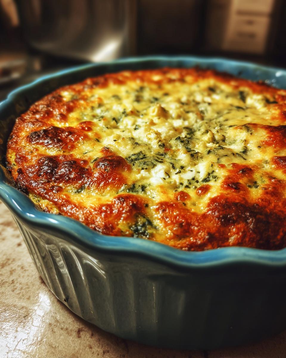 Close-up of a baked Four-Cheese Spinach Artichoke Dip Casserole in a blue baking dish.