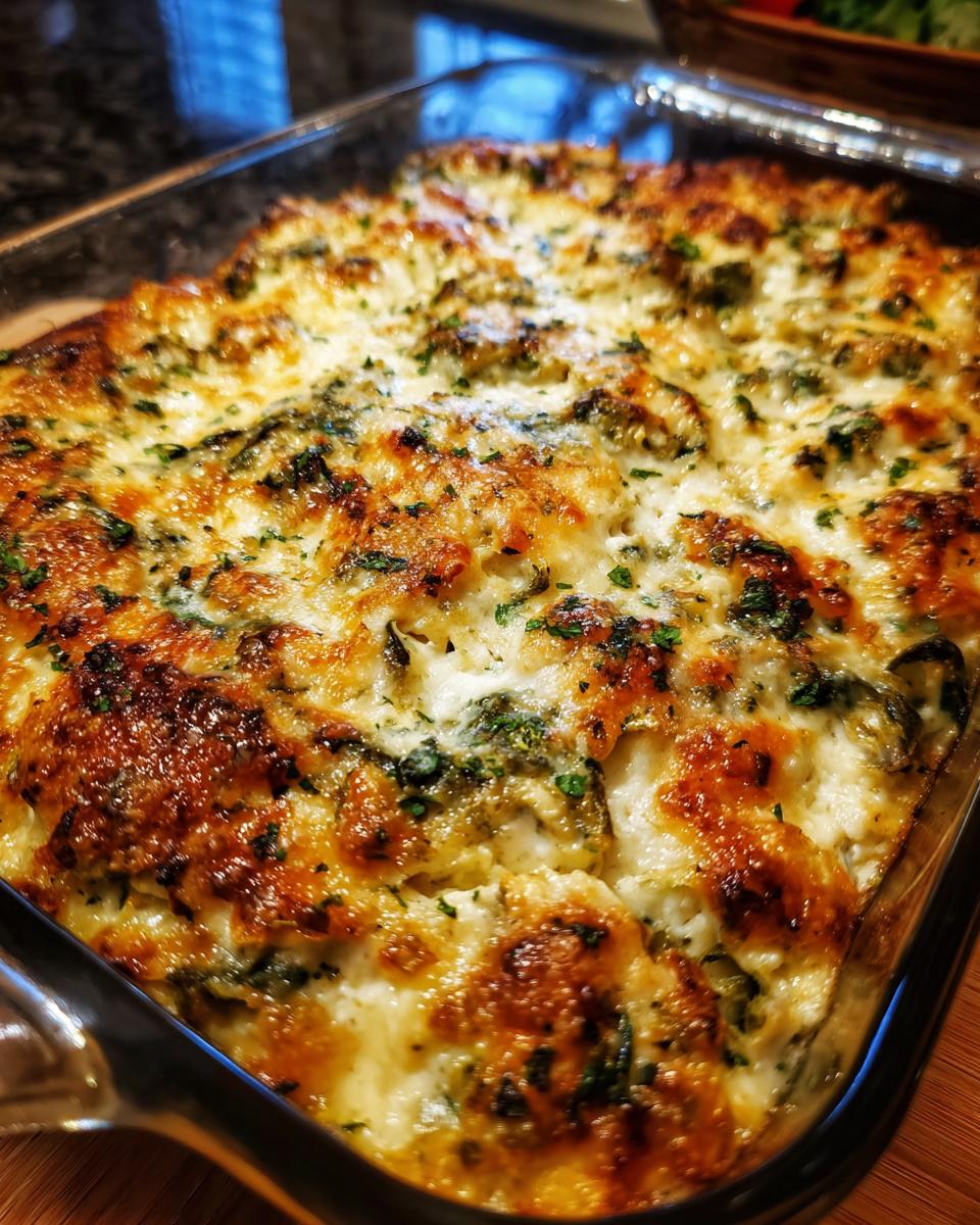 Overhead shot of a baked Four-Cheese Spinach Artichoke Dip Casserole in a glass dish.