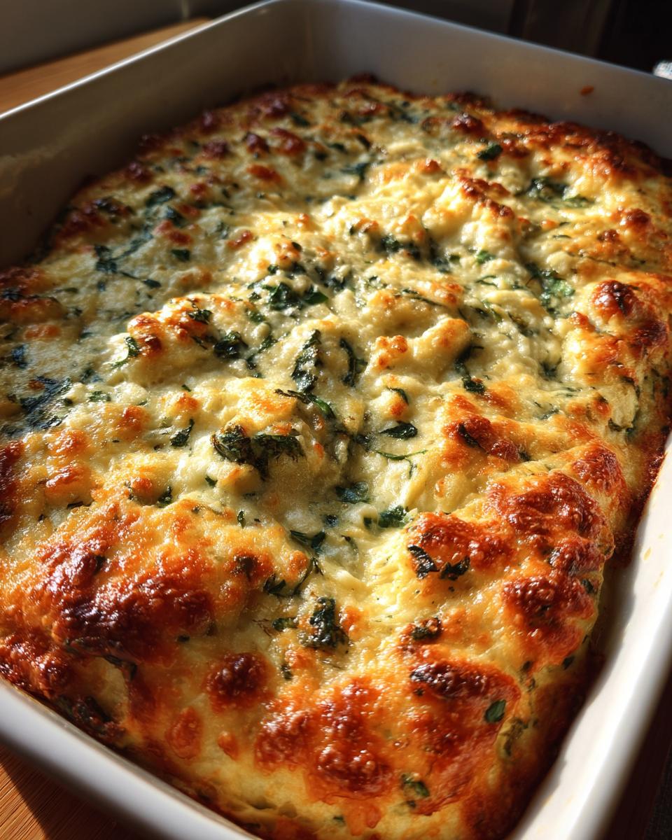Overhead shot of a baked Four-Cheese Spinach Artichoke Dip Casserole in a white baking dish.