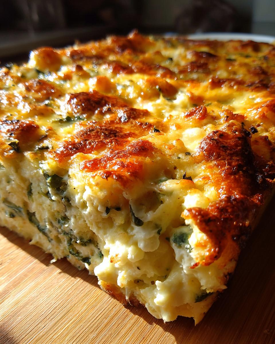 Close-up of a slice of Four-Cheese Spinach Artichoke Dip Casserole, showing the cheesy layers and spinach.