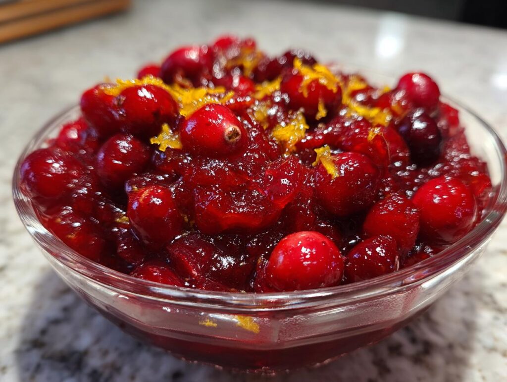 A close-up of a glass bowl filled with glistening Fresh Cranberry-Orange Sauce, topped with orange zest.
