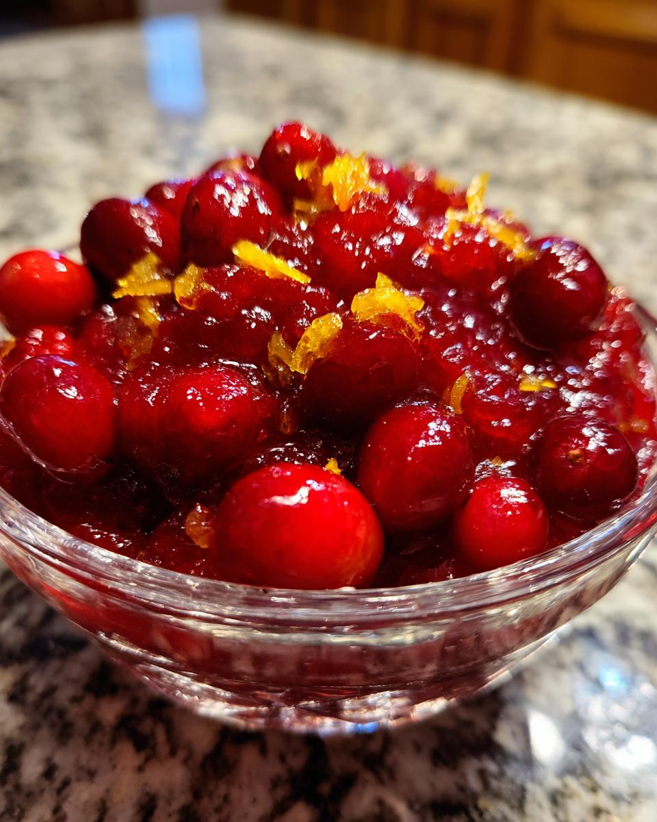 Close-up of a glass bowl filled with glistening Fresh Cranberry-Orange Sauce, topped with orange zest.