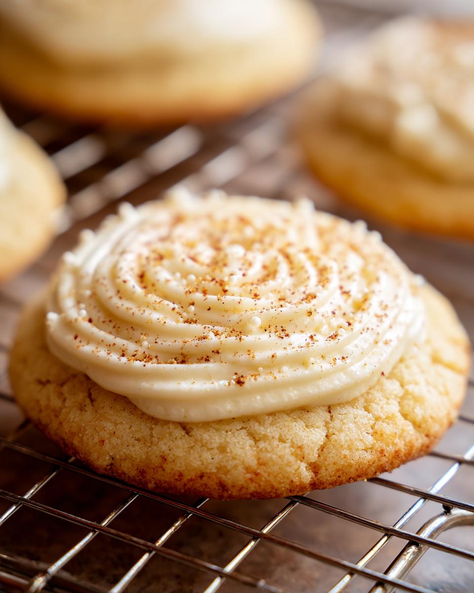 Close-up of a Frosted Eggnog Sugar Cookie on a cooling rack, frosted with eggnog icing and sprinkled with nutmeg.