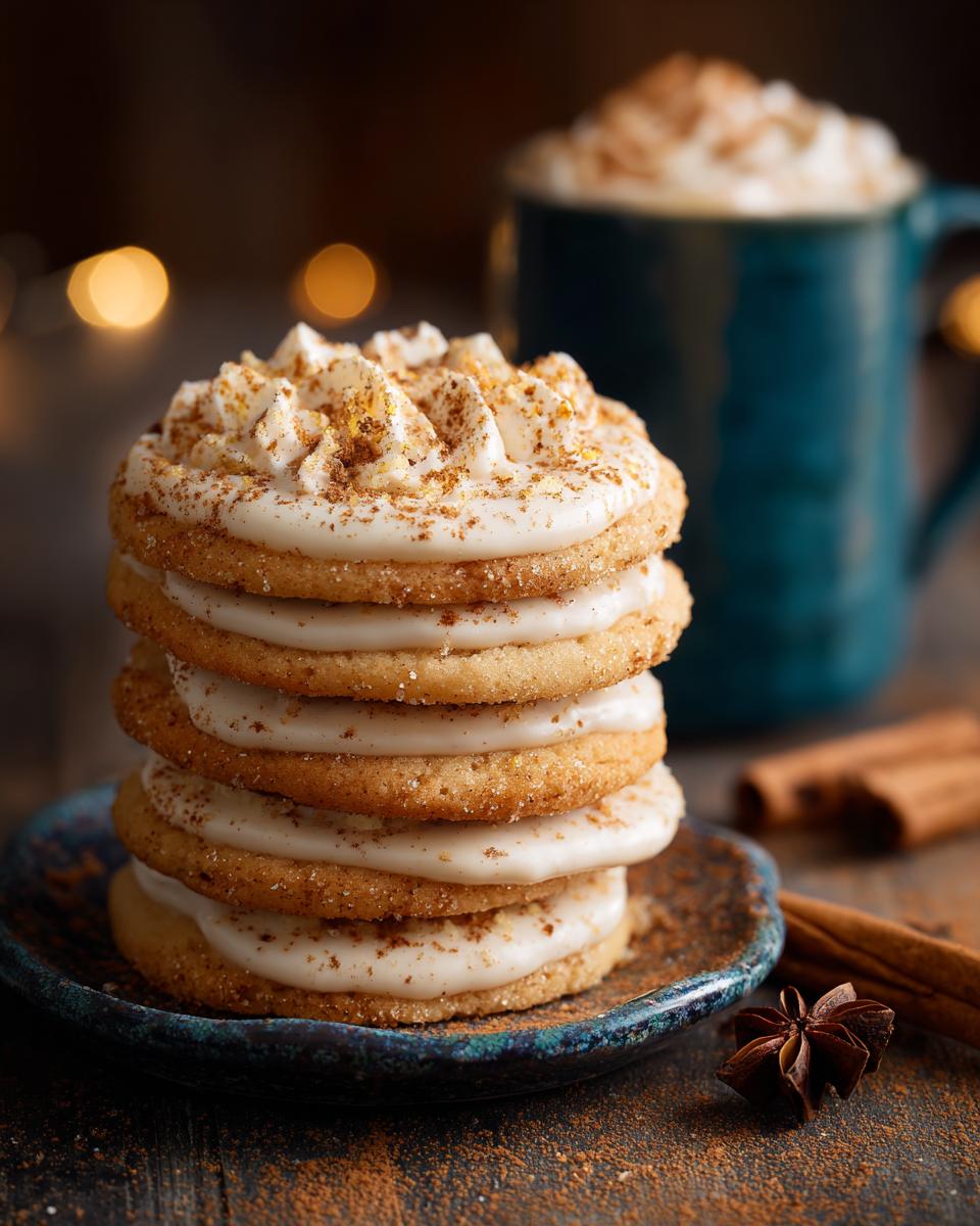 A stack of delicious Frosted Eggnog Sugar Cookies on a plate, with a mug of eggnog in the background.