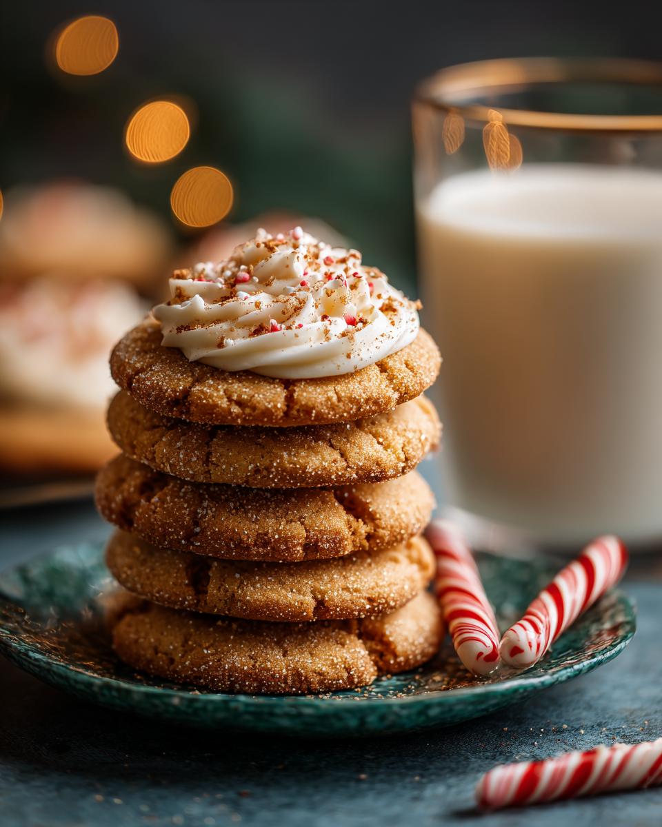 A stack of delicious Frosted Eggnog Sugar Cookies with frosting and sprinkles, next to a glass of milk and candy canes.