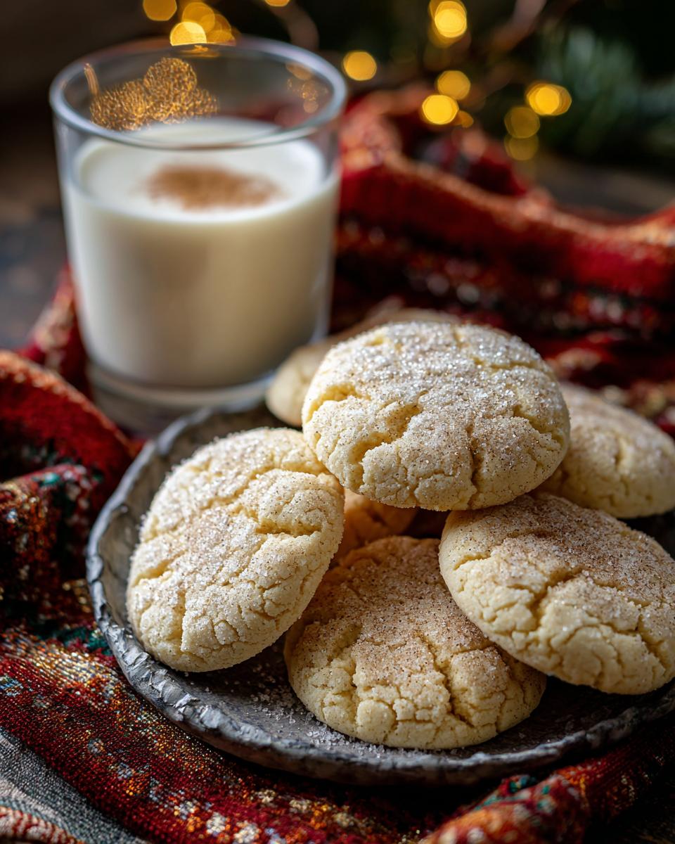 Stack of frosted eggnog sugar cookies on a plate with a glass of eggnog.