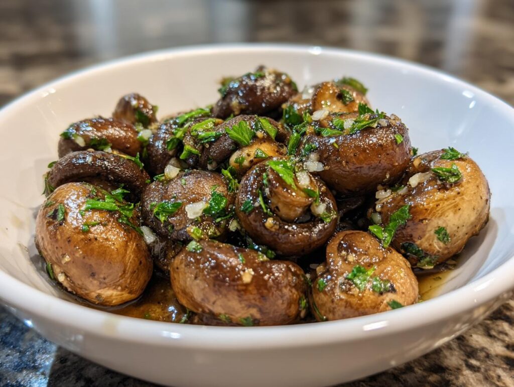 Close-up of a white bowl filled with Garlic Butter Mushrooms, garnished with fresh herbs.