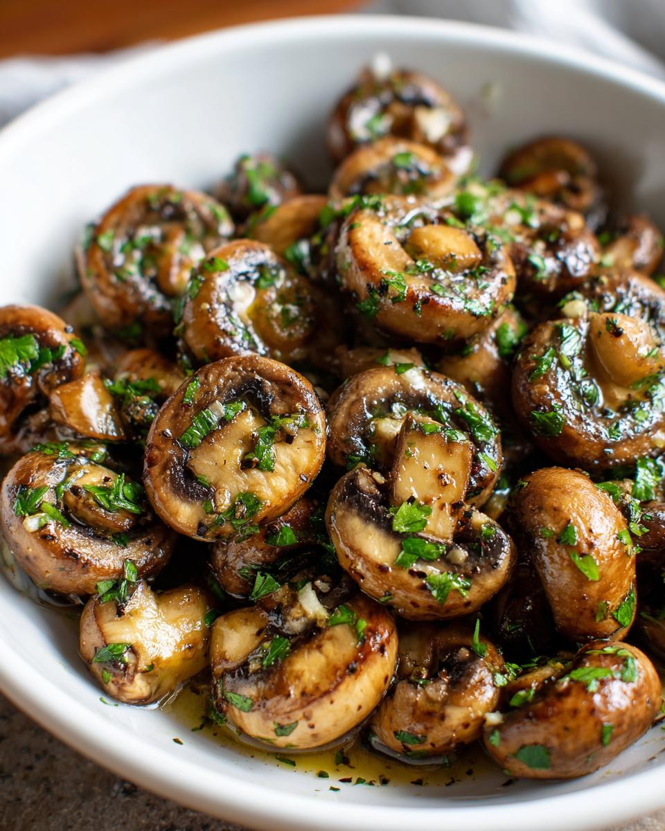 Close-up of Garlic Butter Mushrooms in a white bowl, garnished with parsley.