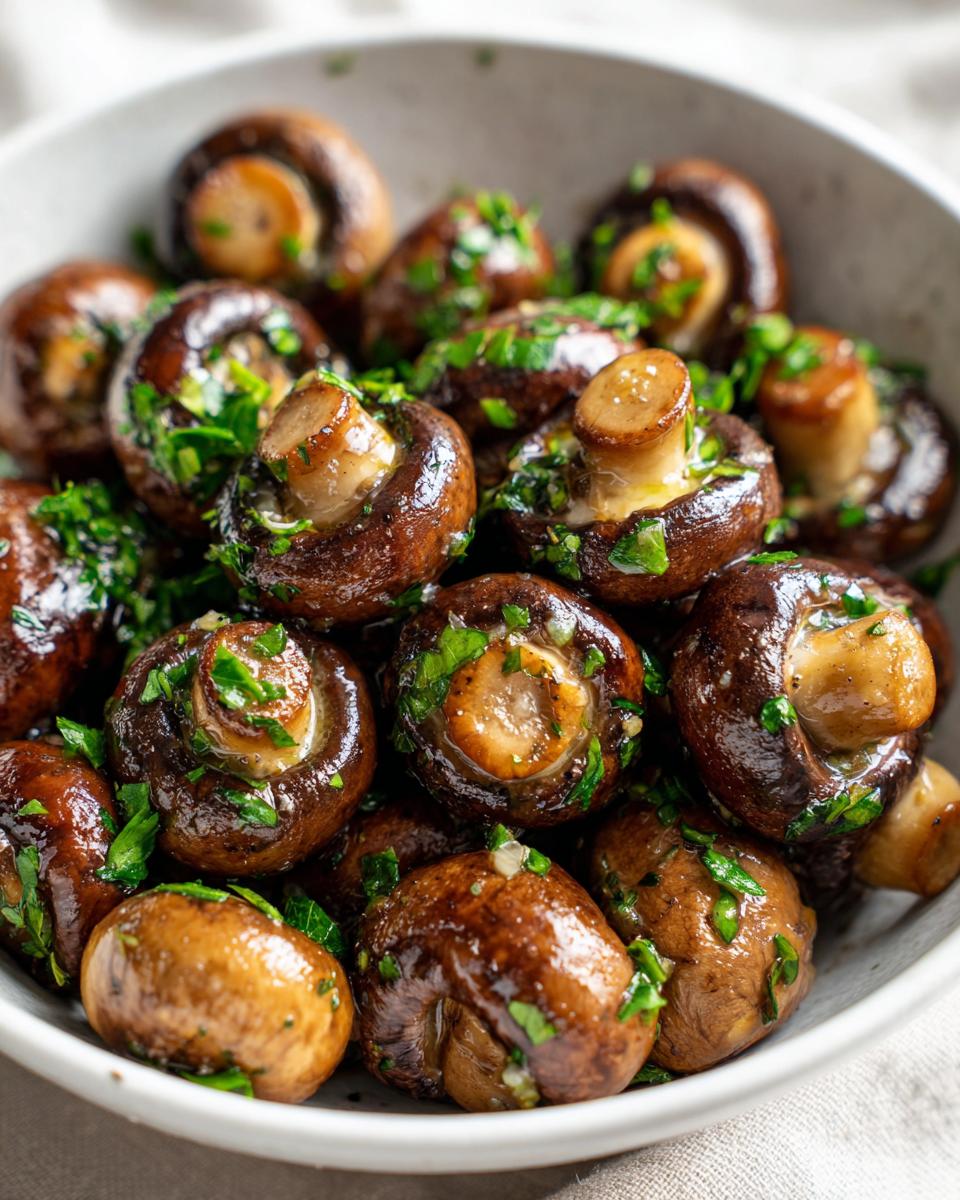 Close-up of delicious Garlic Butter Mushrooms, garnished with fresh herbs, in a white bowl.