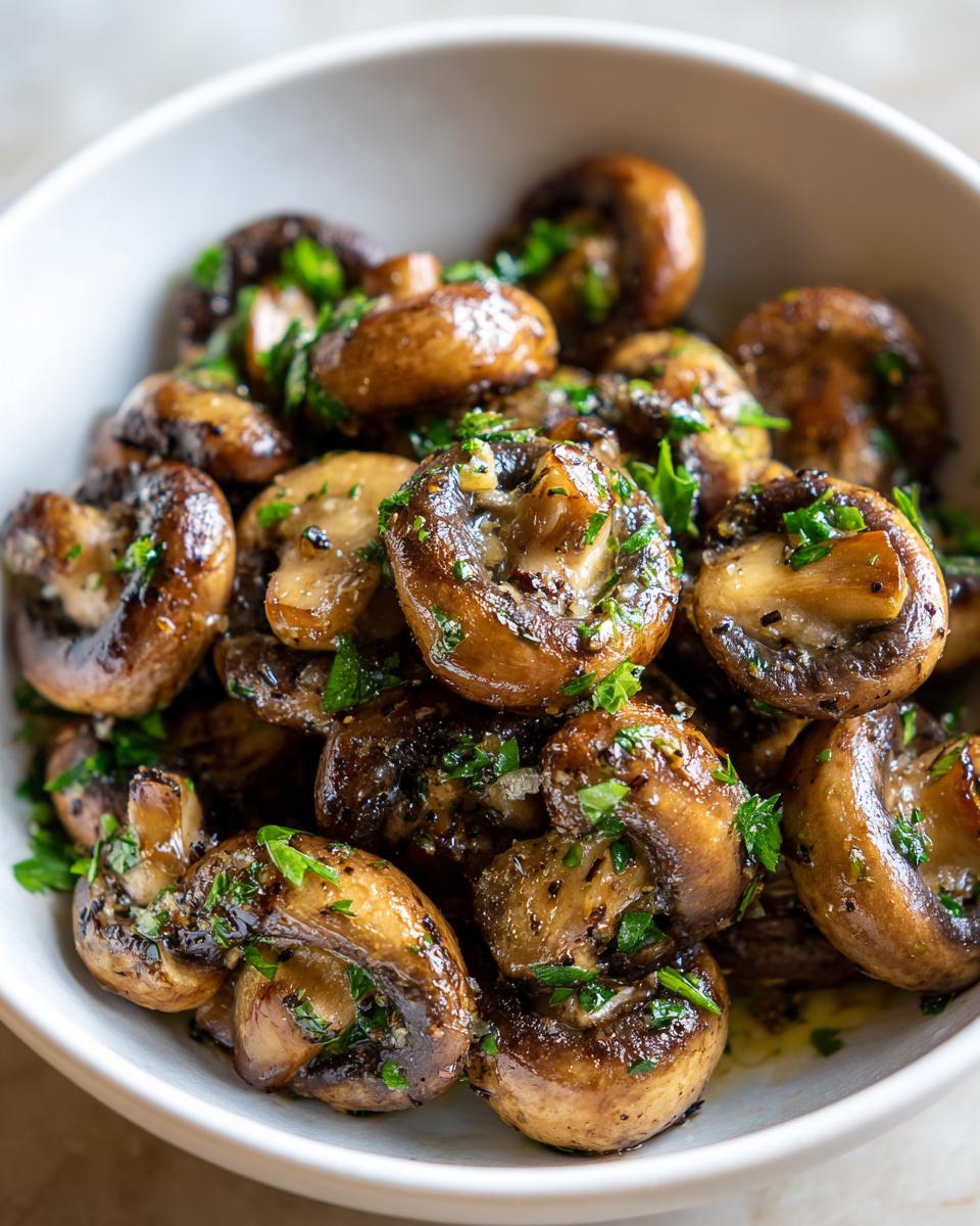 Close-up of Garlic Butter Mushrooms in a white bowl, garnished with fresh herbs.