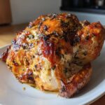 A golden brown, juicy Garlic Butter Roasted Turkey Breast seasoned with herbs, served on a white plate.