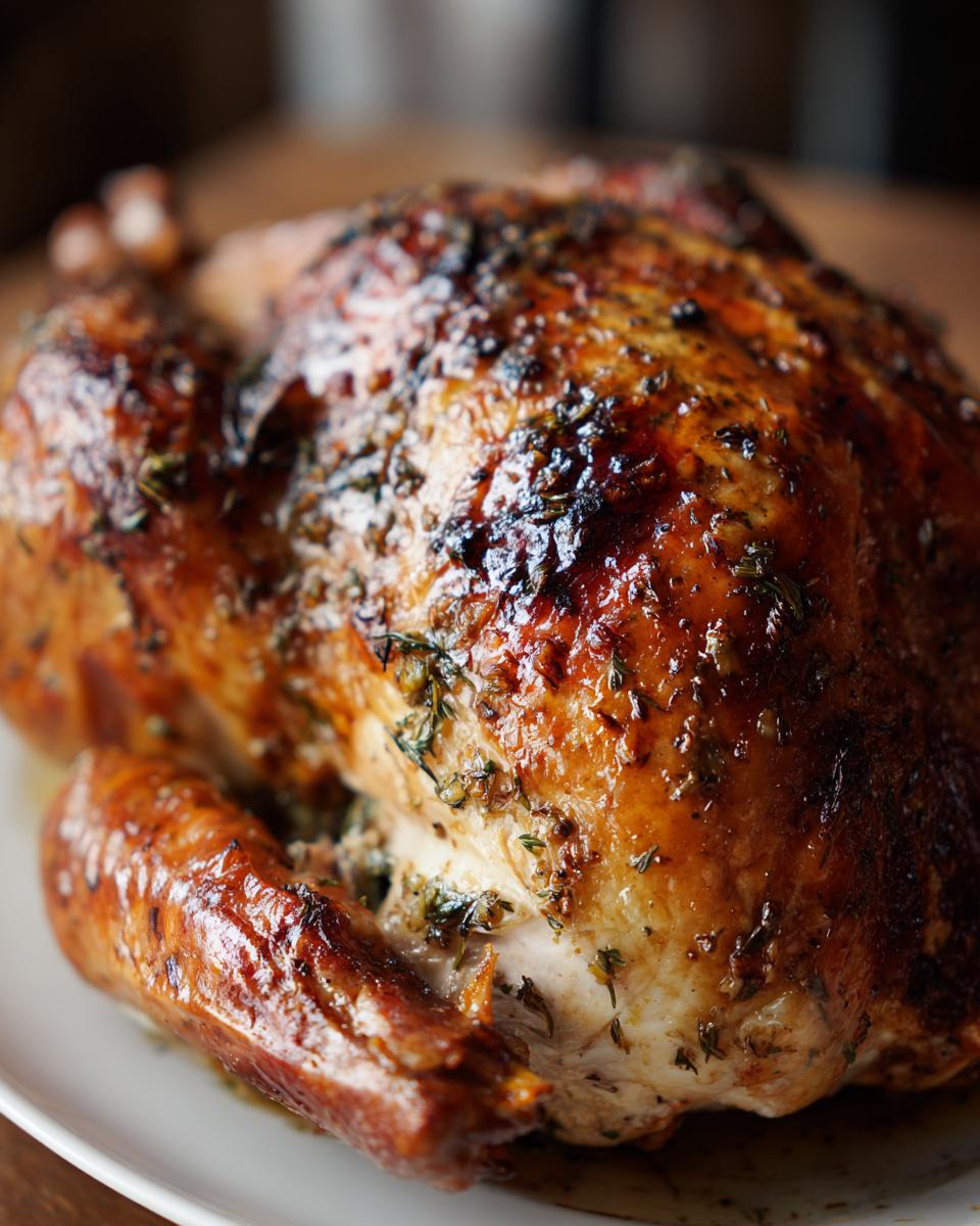 A golden brown, succulent Garlic Butter Roasted Turkey Breast, seasoned with herbs, ready for a smaller gathering.