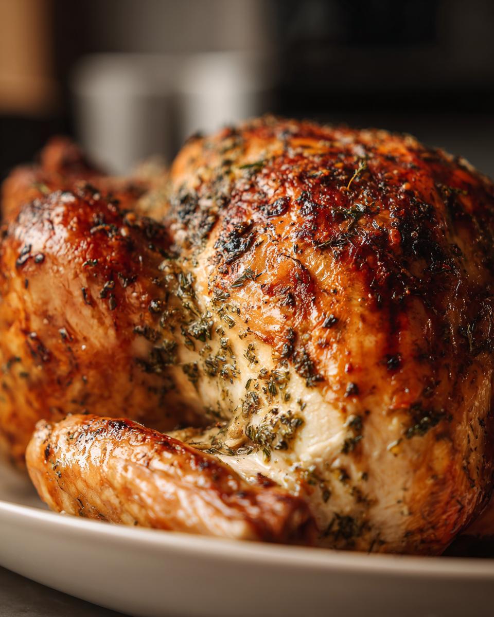 A golden-brown, herb-crusted Garlic Butter Roasted Turkey Breast on a white platter, ready for a smaller gathering.