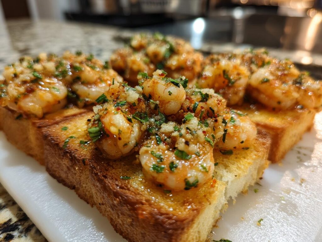 Close-up of Garlic Butter Shrimp Toasts, featuring golden-brown bread topped with succulent shrimp and fresh herbs.