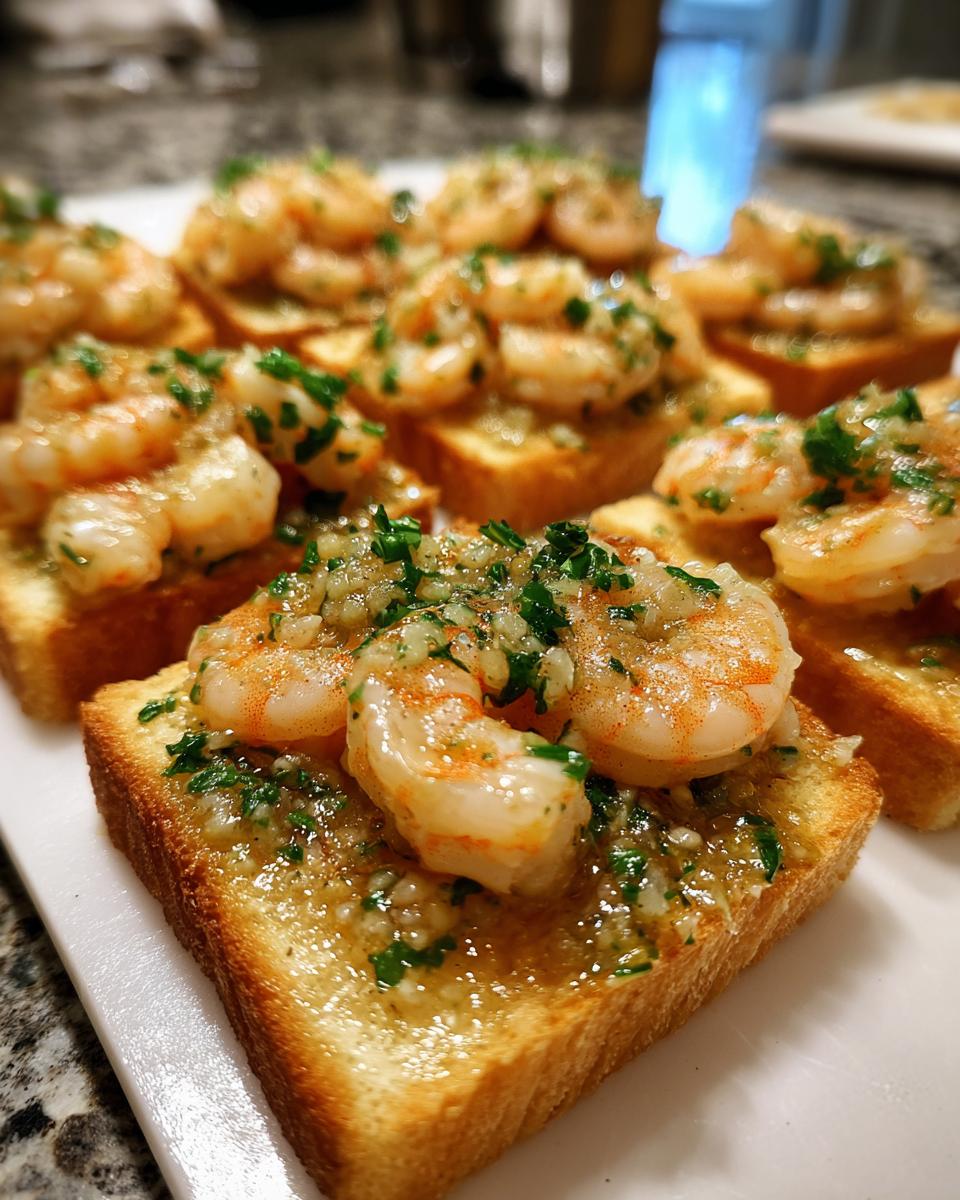 Close-up of Garlic Butter Shrimp Toasts for Appetizers, topped with succulent shrimp and fresh parsley.