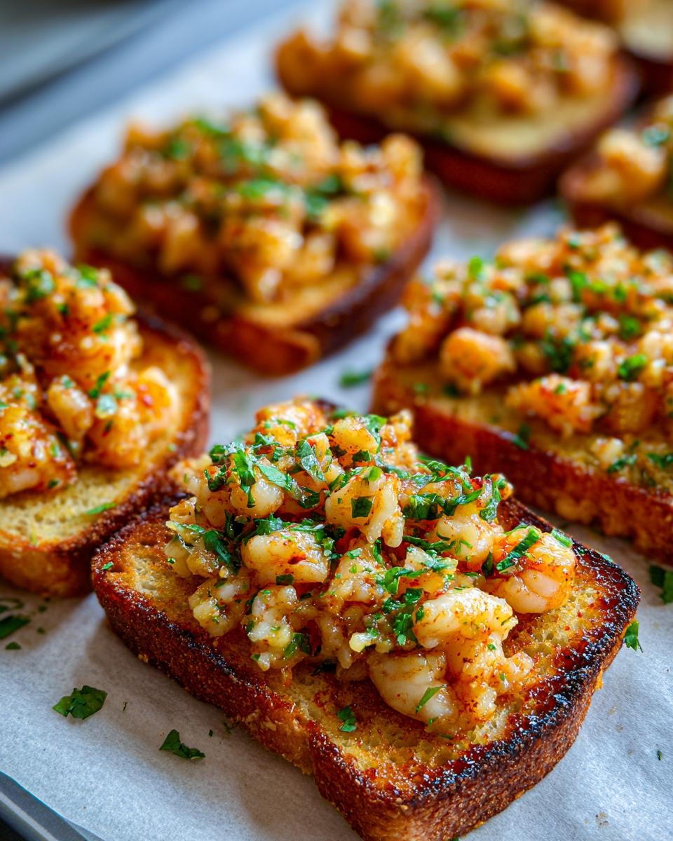 Close-up of delicious Garlic Butter Shrimp Toasts for appetizers, topped with fresh parsley.