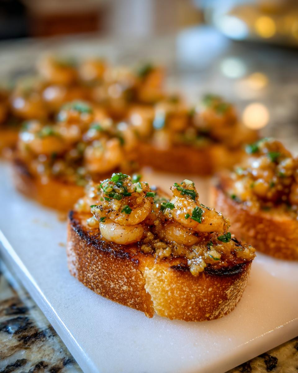Close-up of Garlic Butter Shrimp Toasts for Appetizers, featuring toasted baguette slices topped with succulent shrimp and fresh herbs.