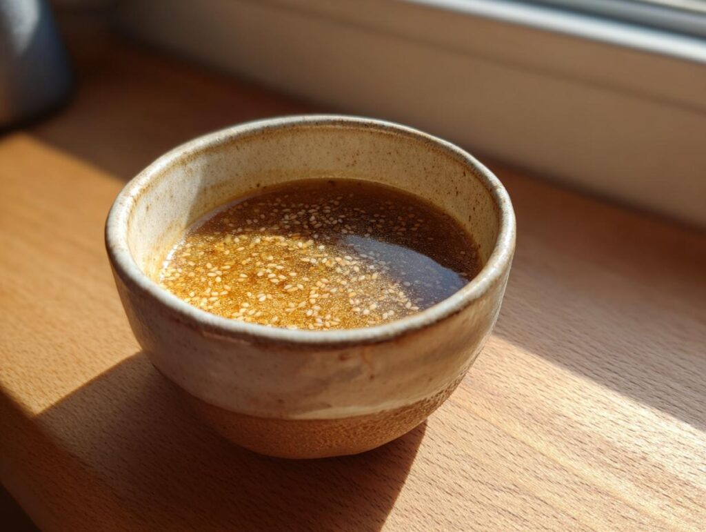 Close-up of Garlic Miso Ramen-Inspired Broth in a ceramic bowl, with sesame seeds.