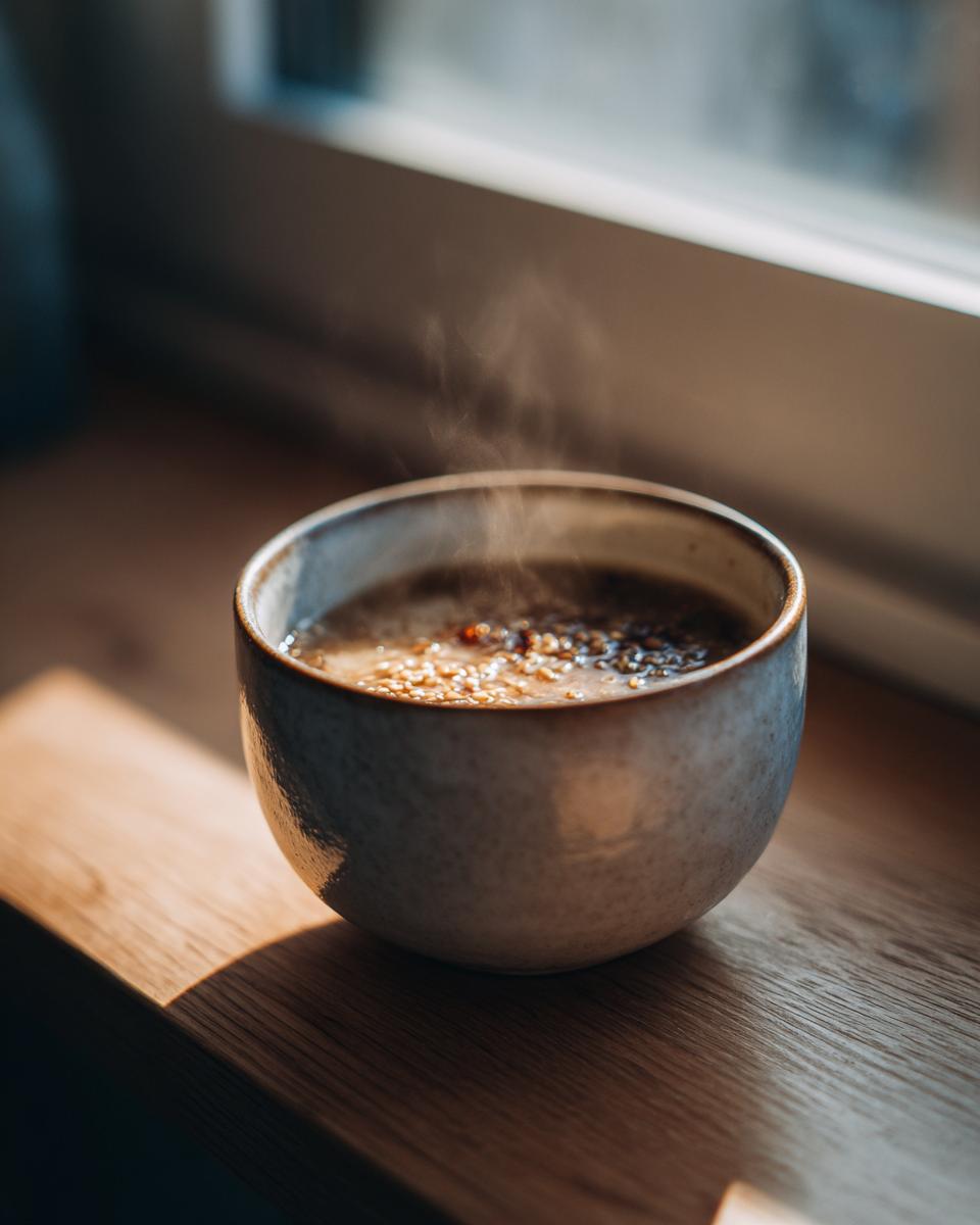 A warm bowl of Garlic Miso Ramen-Inspired Broth, steaming, on a wooden surface.