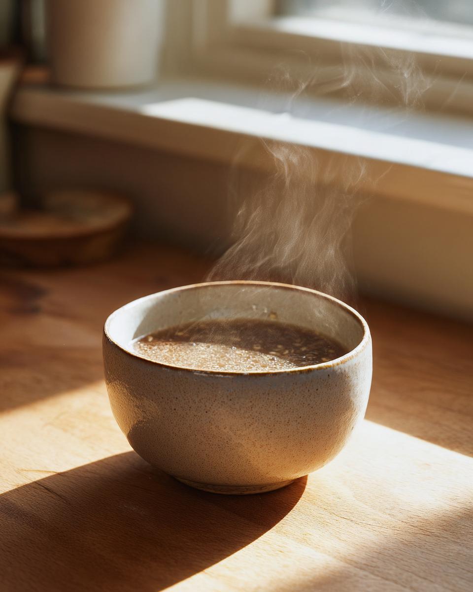 A steaming bowl of delicious Garlic Miso Ramen-Inspired Broth on a wooden surface.