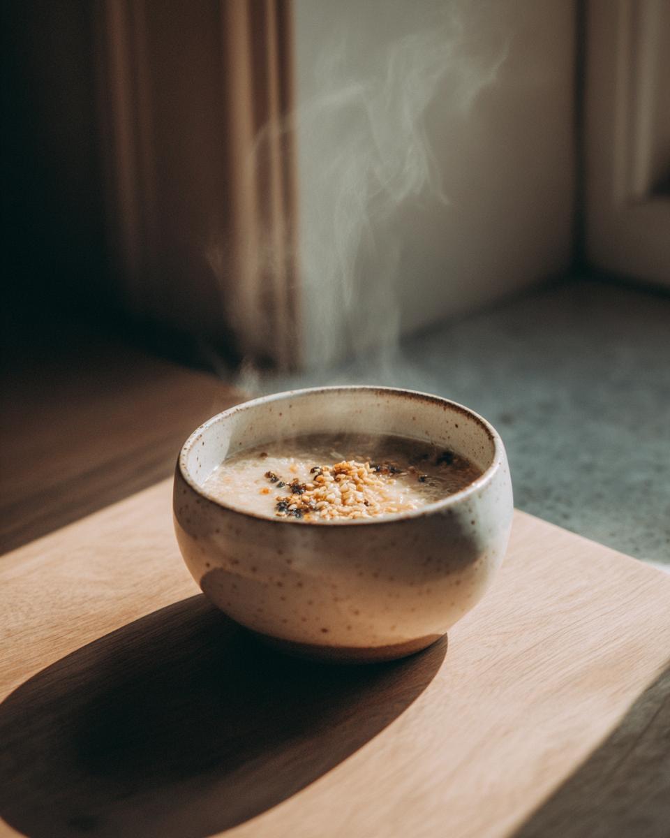 A steaming bowl of Garlic Miso Ramen-Inspired Broth on a wooden surface, ready to be enjoyed.