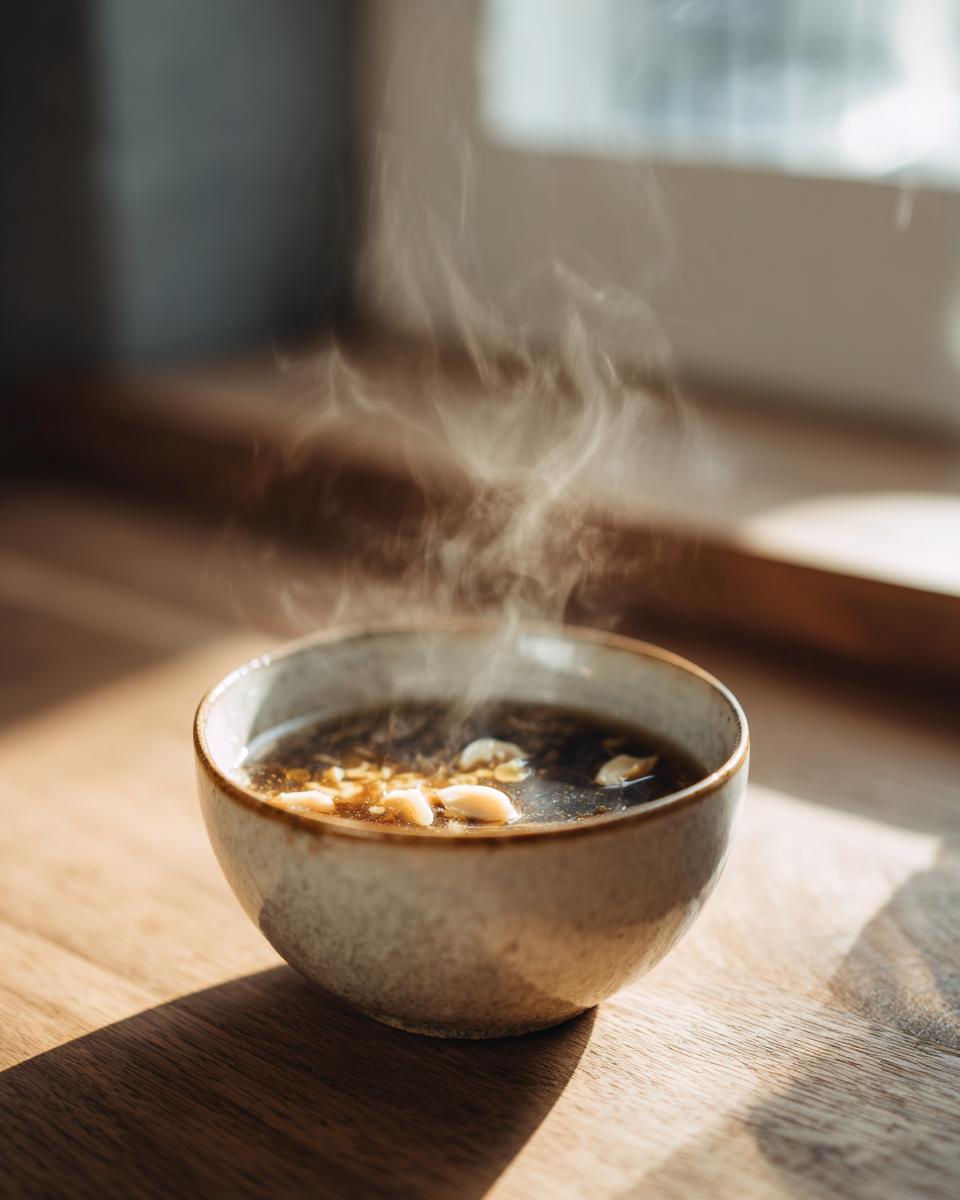 A steaming bowl of Garlic Miso Ramen-Inspired Broth on a wooden surface.