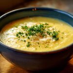Close-up of a bowl of creamy Garlic Parmesan Cauliflower Soup, garnished with parsley and cheese.