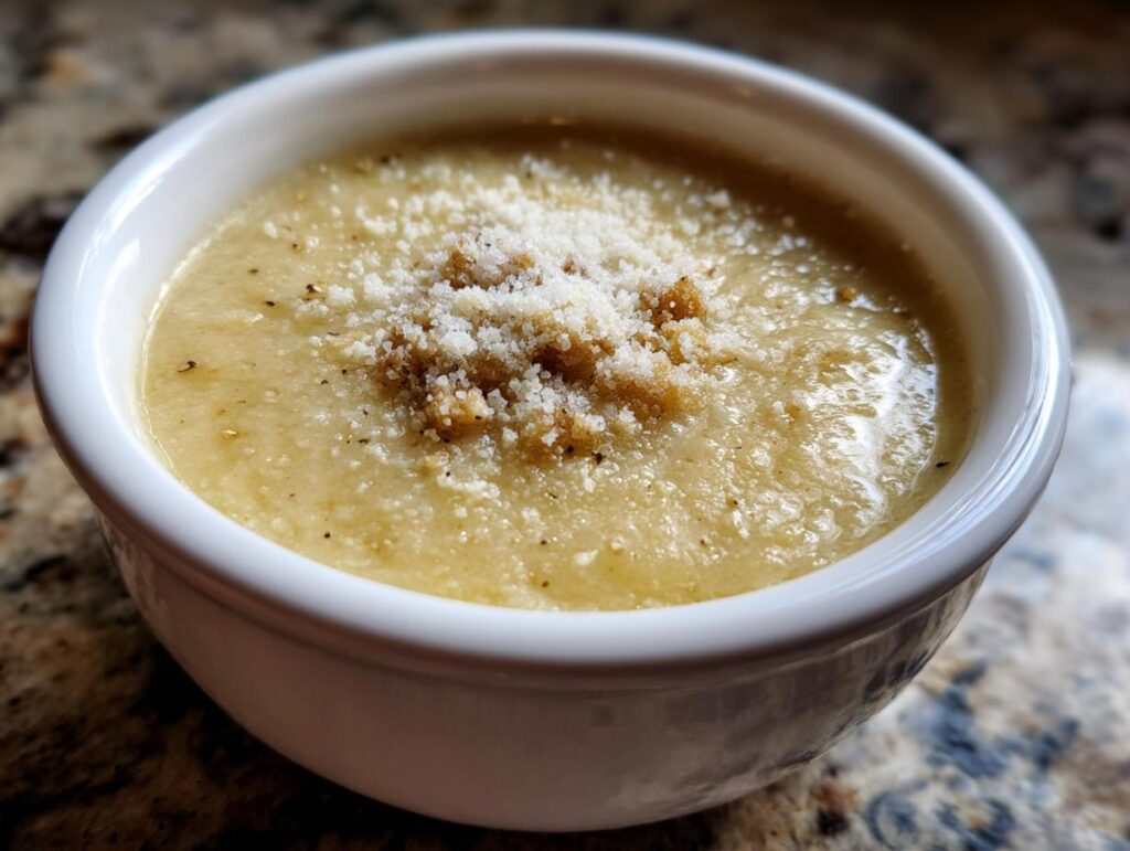 Close-up of a bowl of creamy Garlic Parmesan Cauliflower Soup, topped with parmesan and croutons.