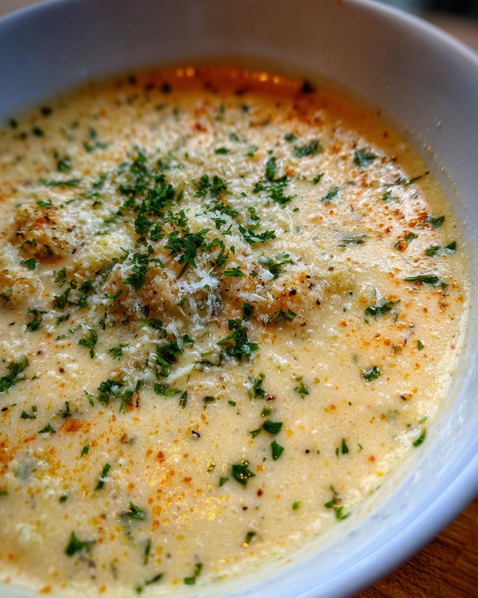 Close-up of a bowl of creamy Garlic Parmesan Cauliflower Soup, garnished with parsley and cheese.