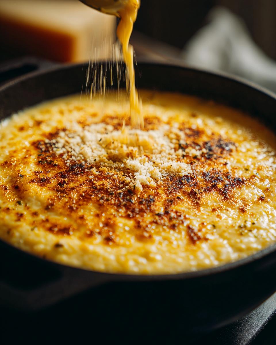 Close-up of Garlic Parmesan Cauliflower Soup being topped with grated parmesan cheese.