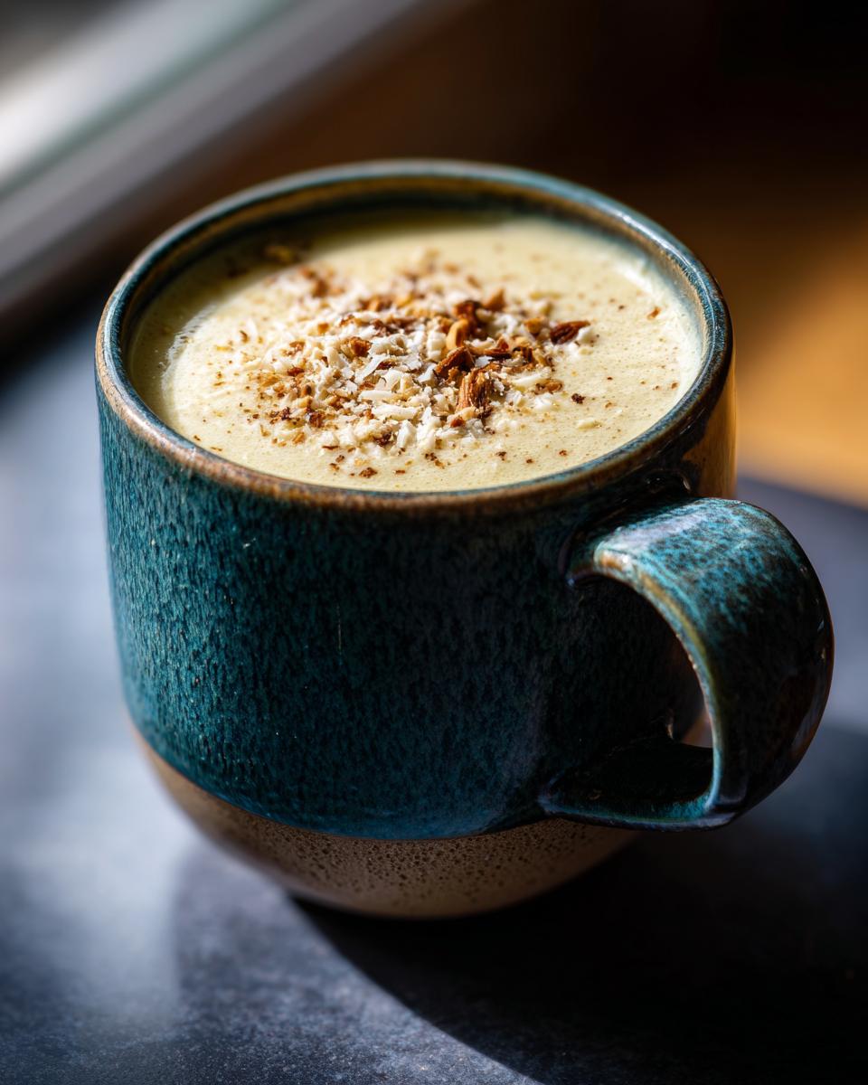Close-up of a mug filled with Garlic Parmesan Cauliflower Soup, topped with garnish.