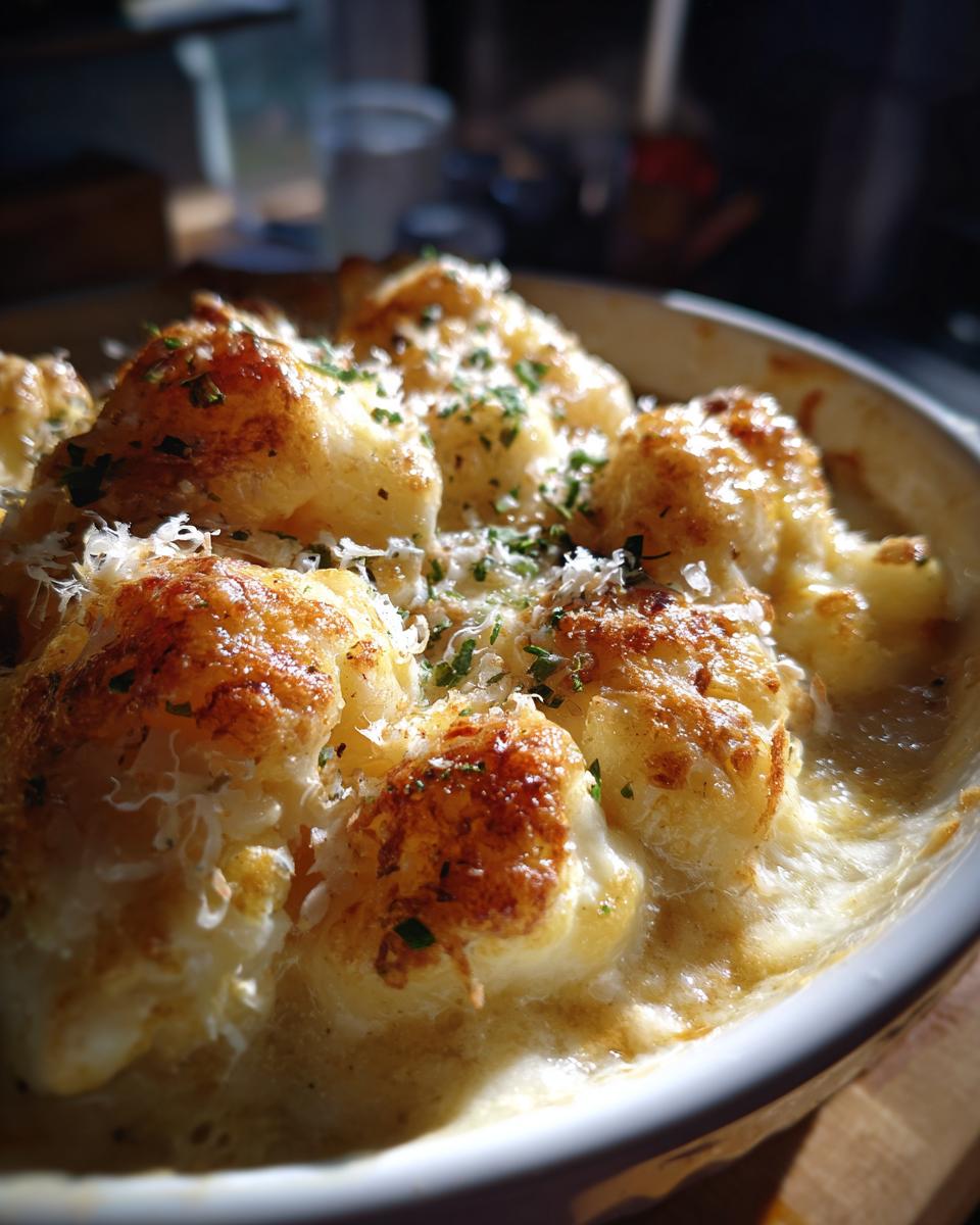 Close-up of Garlic Parmesan Cauliflower Soup with roasted cauliflower florets and cheese.
