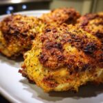 Close-up of crispy Garlic Parmesan Ranch Chicken Thighs on a plate, ready to eat.