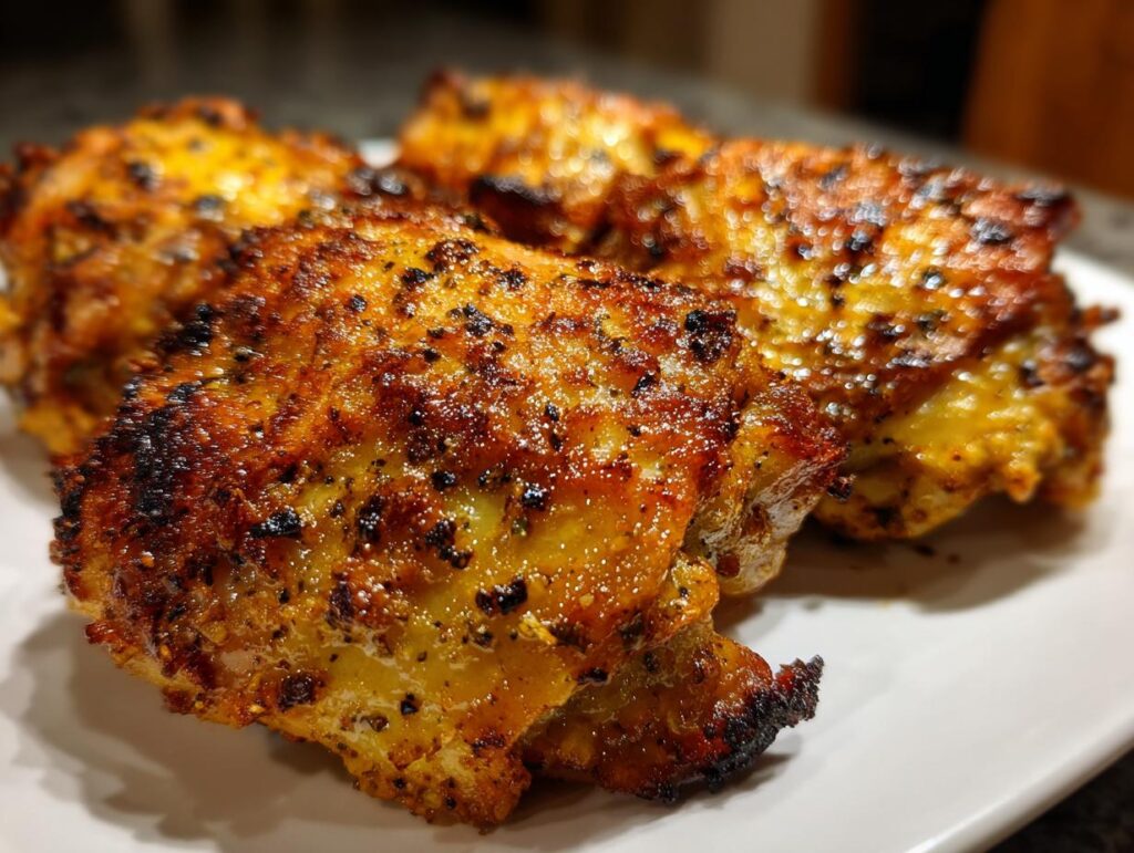 Close-up of cooked Garlic Parmesan Ranch Chicken Thighs on a white plate, showing crispy skin.