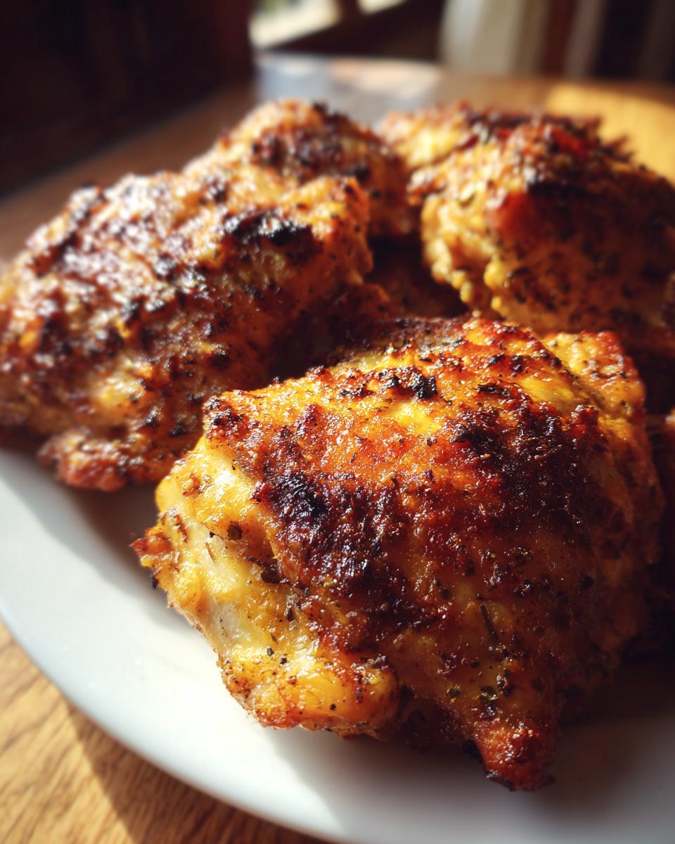 Close-up of golden-brown Garlic Parmesan Ranch Chicken Thighs on a white plate.